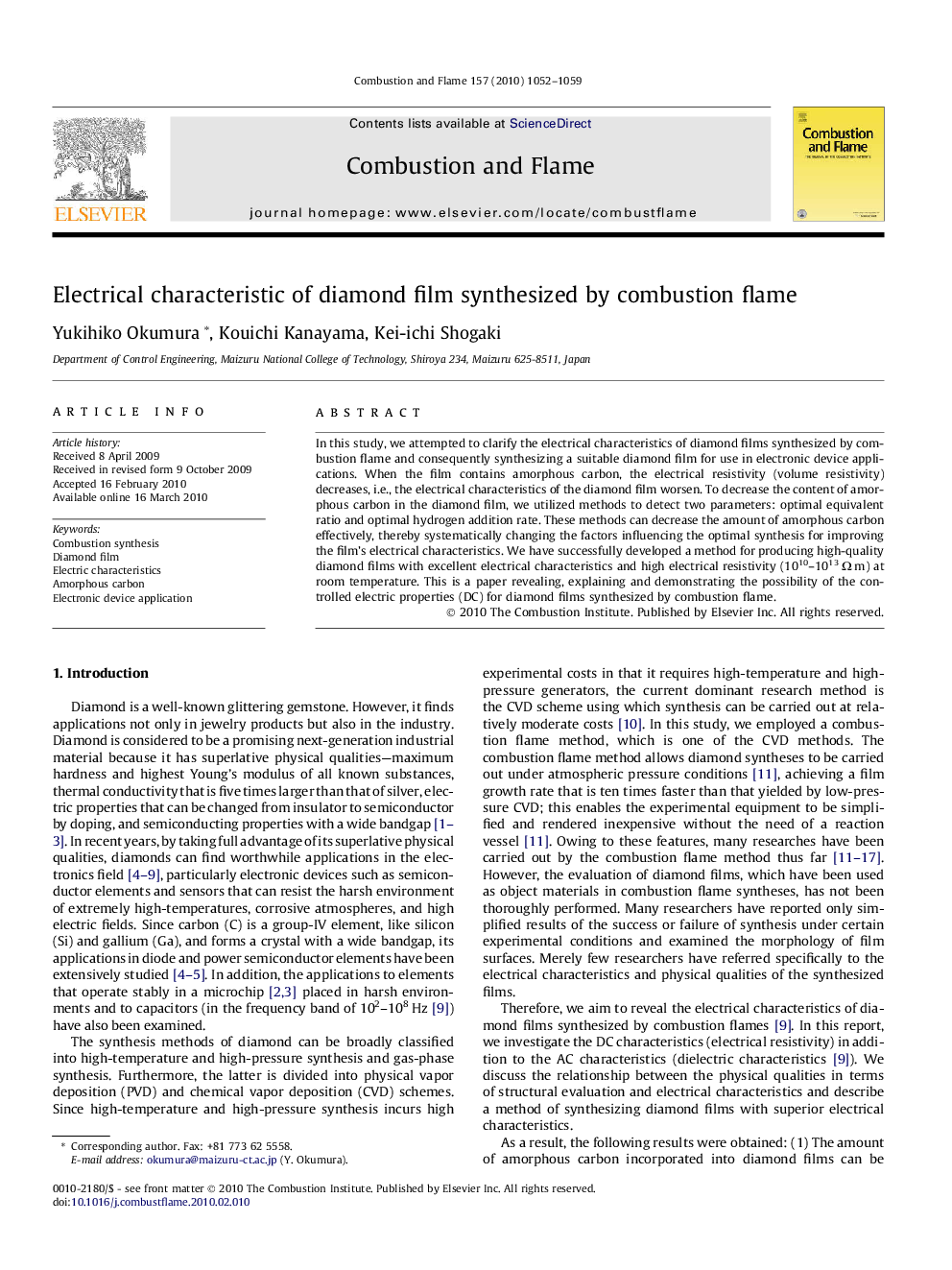 Electrical characteristic of diamond film synthesized by combustion flame