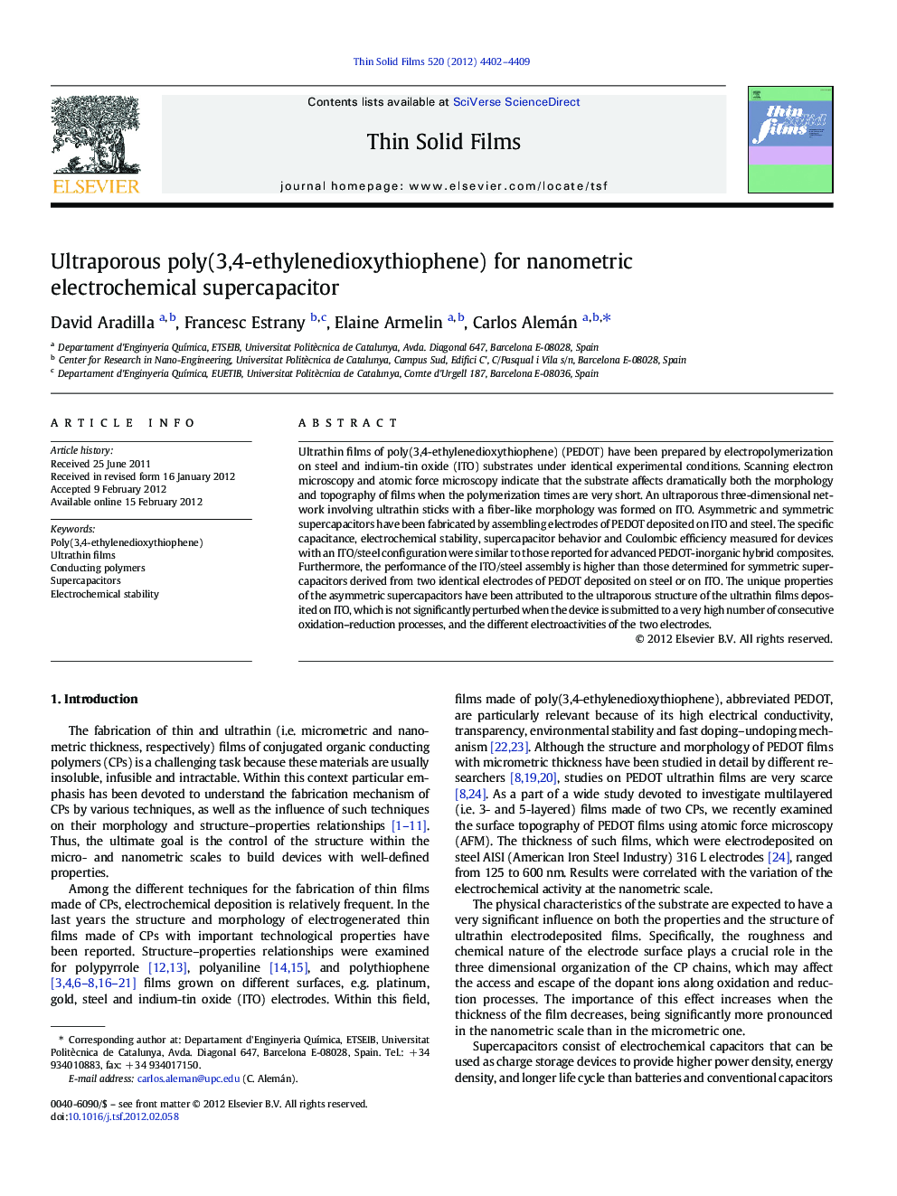 Ultraporous poly(3,4-ethylenedioxythiophene) for nanometric electrochemical supercapacitor