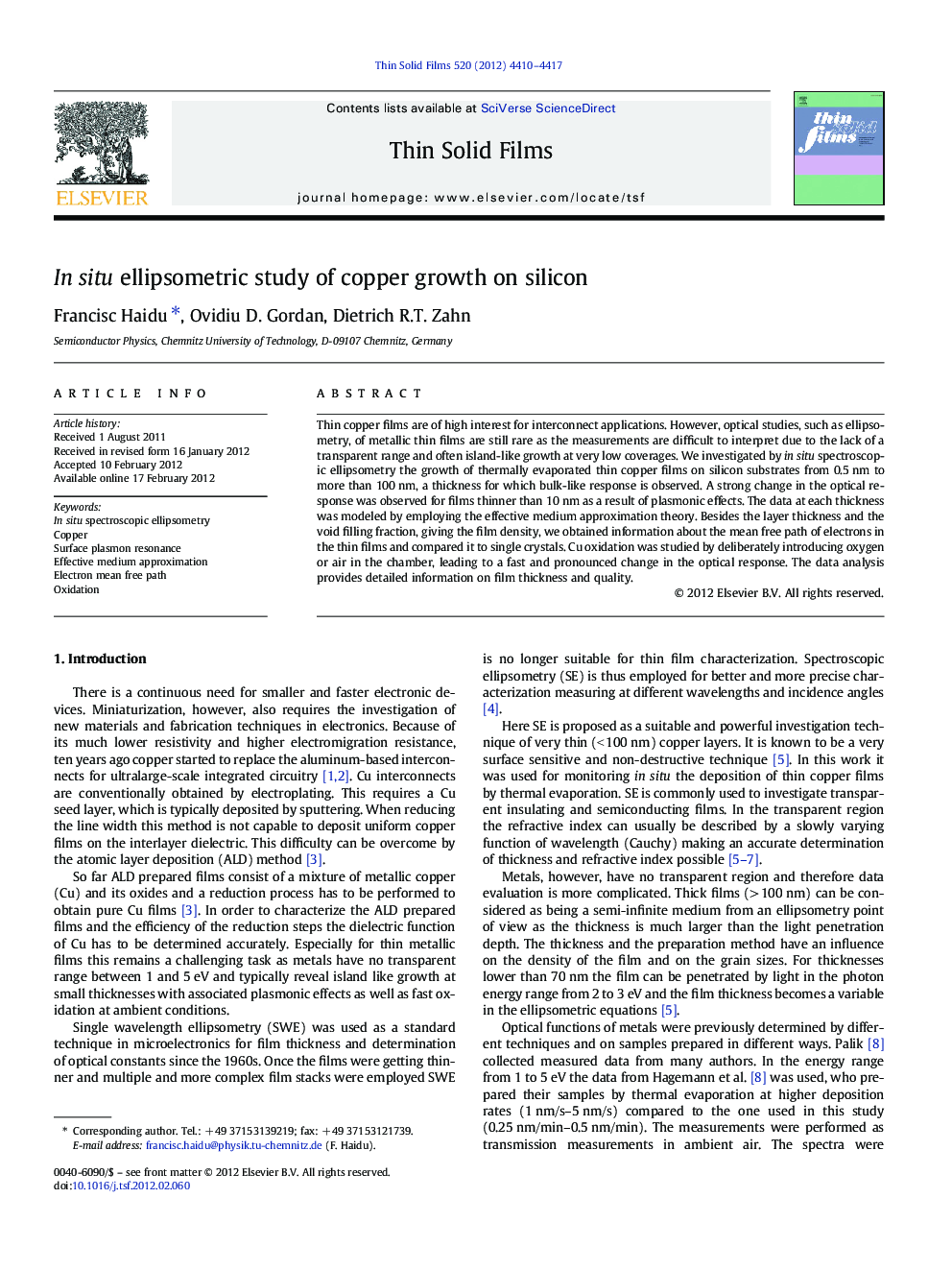 In situ ellipsometric study of copper growth on silicon