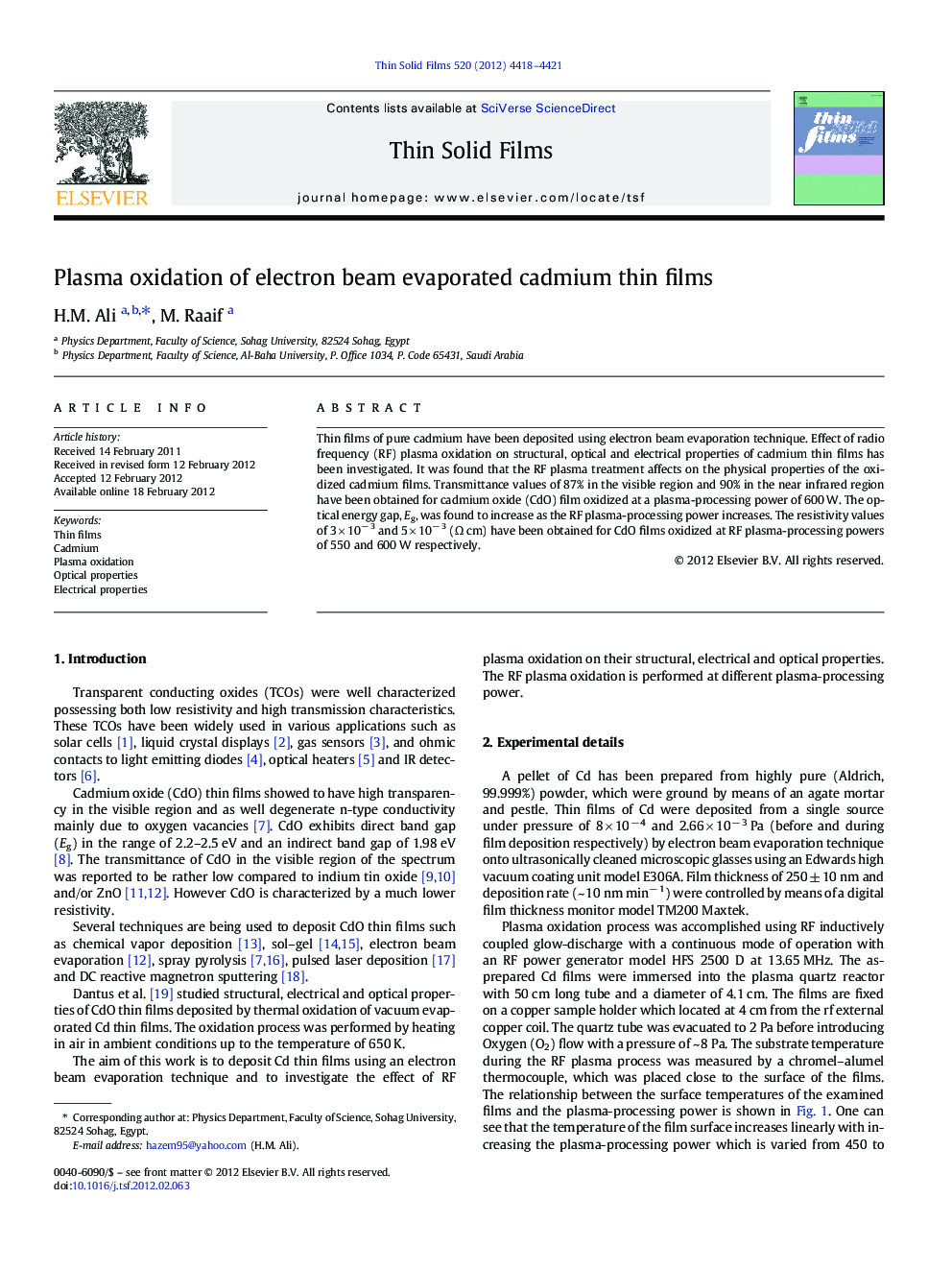 Plasma oxidation of electron beam evaporated cadmium thin films