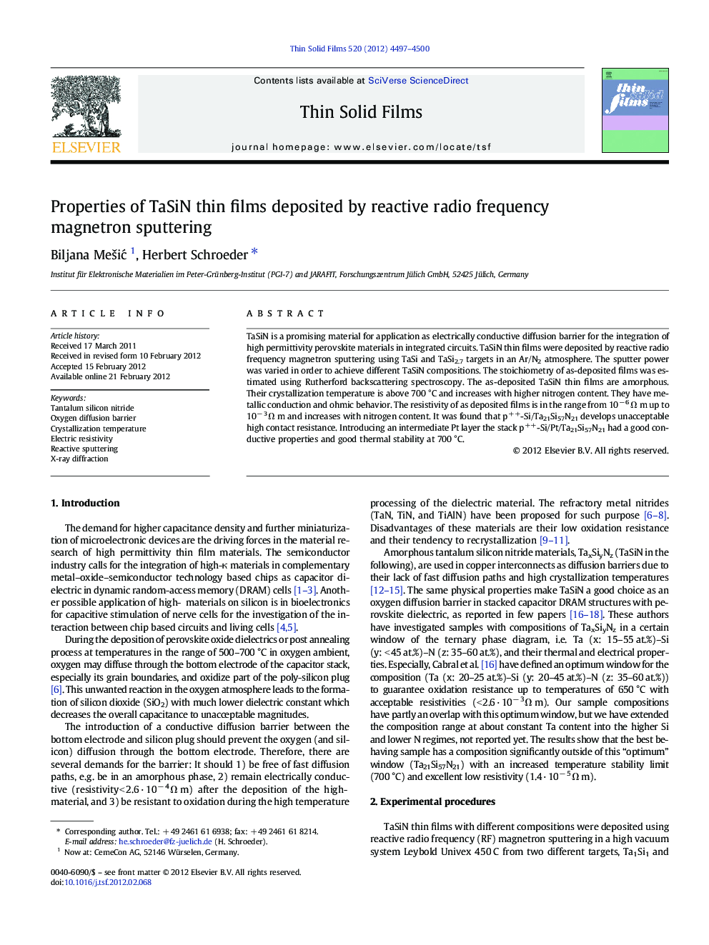 Properties of TaSiN thin films deposited by reactive radio frequency magnetron sputtering