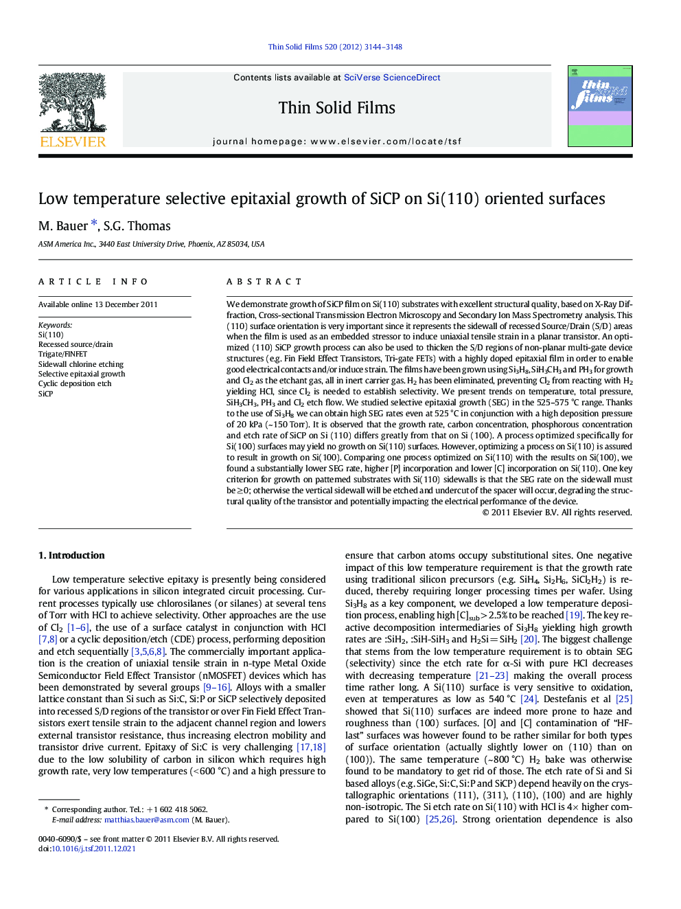 Low temperature selective epitaxial growth of SiCP on Si(110) oriented surfaces