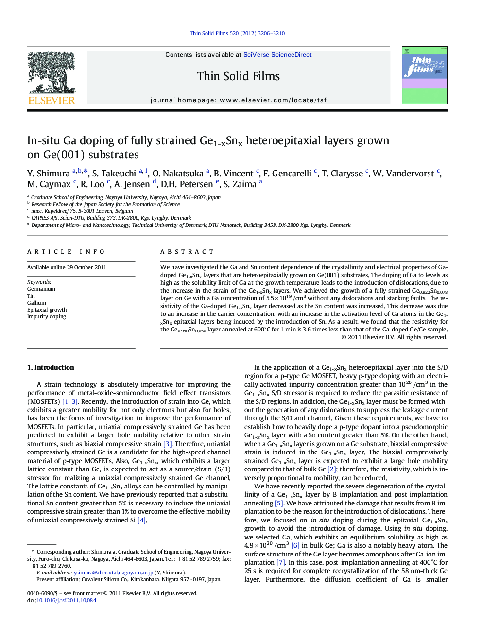 In-situ Ga doping of fully strained Ge1-xSnx heteroepitaxial layers grown on Ge(001) substrates