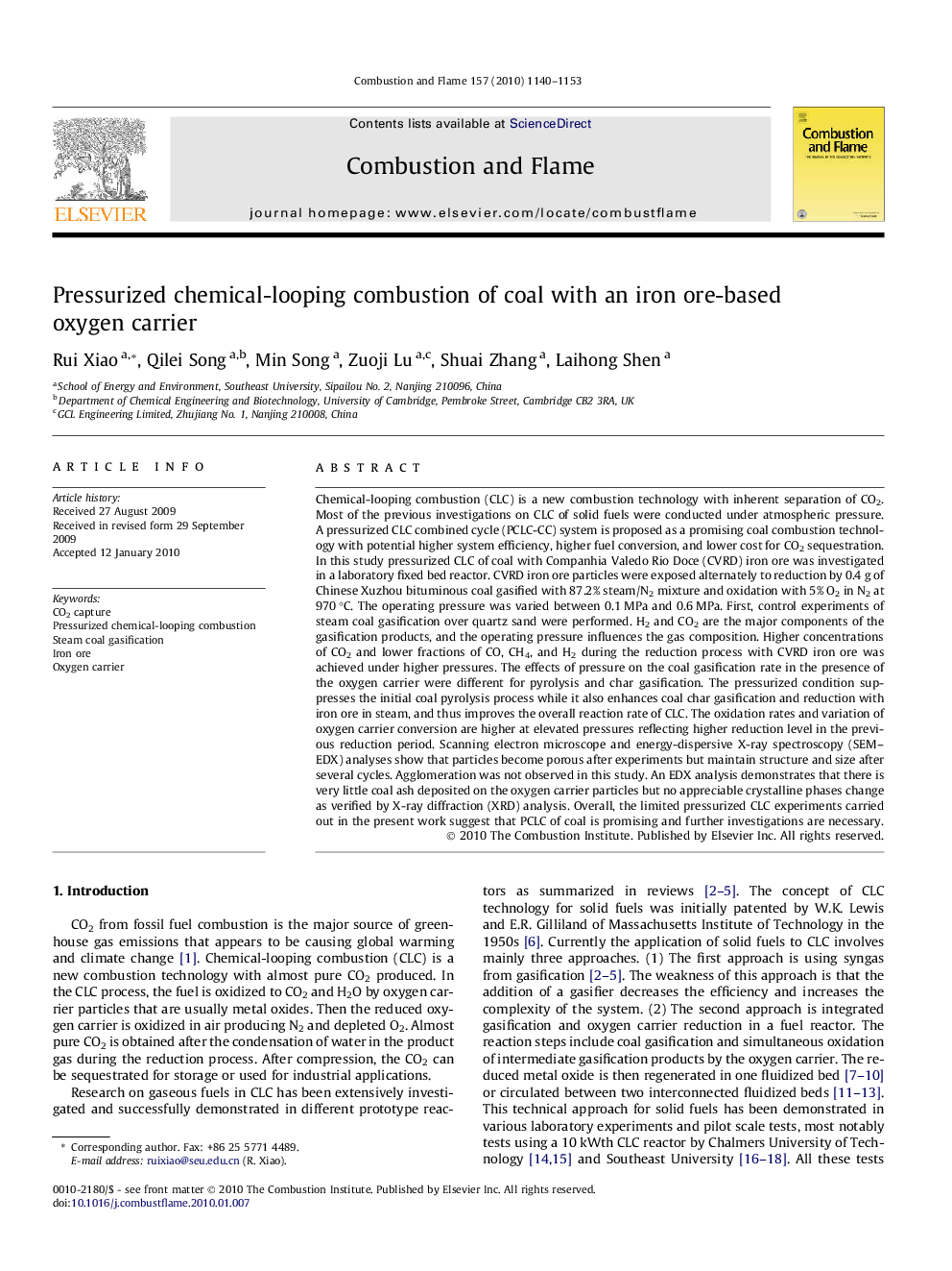 Pressurized chemical-looping combustion of coal with an iron ore-based oxygen carrier