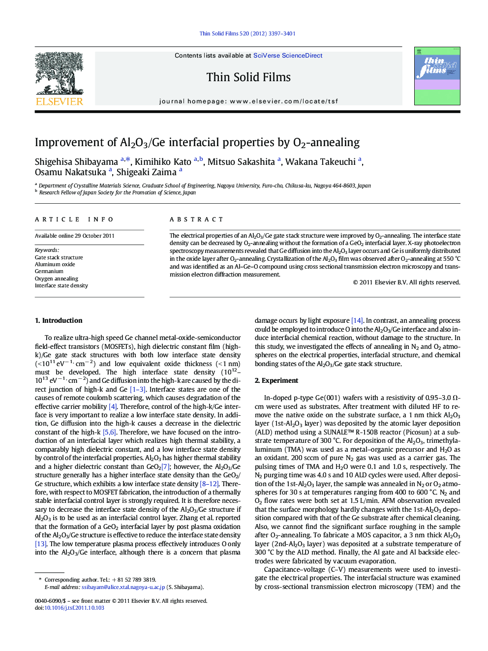 Improvement of Al2O3/Ge interfacial properties by O2-annealing