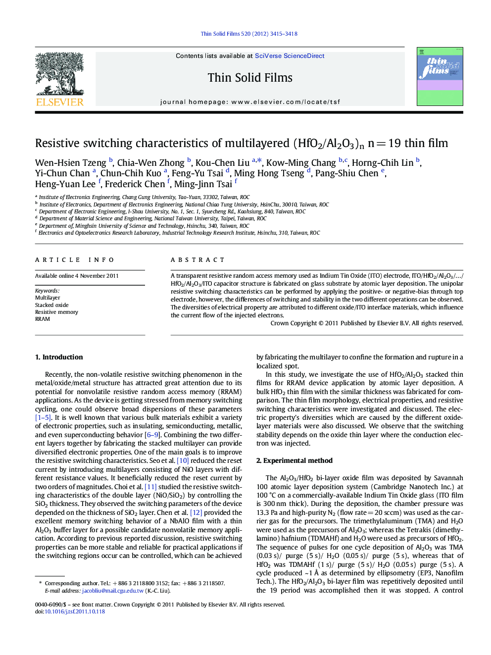 Resistive switching characteristics of multilayered (HfO2/Al2O3)n n = 19 thin film