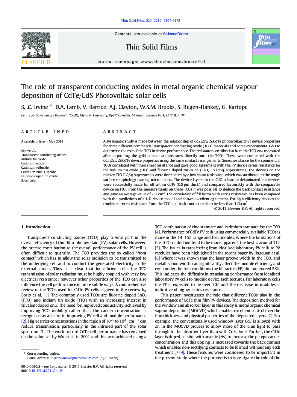 عکس صفحه اول مقاله: The role of transparent conducting oxides in metal organic chemical vapour deposition of CdTe/CdS Photovoltaic solar cells The role of transparent conducting oxides in metal organic chemical vapour deposition of CdTe/CdS Photovoltaic solar cells