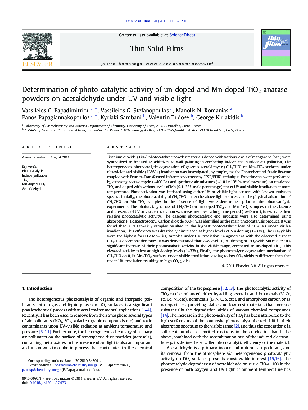 Determination of photo-catalytic activity of un-doped and Mn-doped TiO2 anatase powders on acetaldehyde under UV and visible light