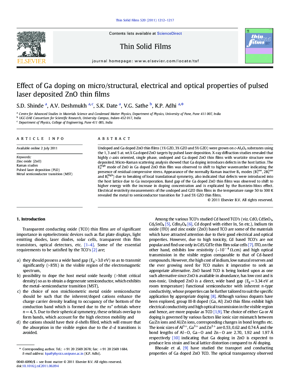 Effect of Ga doping on micro/structural, electrical and optical properties of pulsed laser deposited ZnO thin films