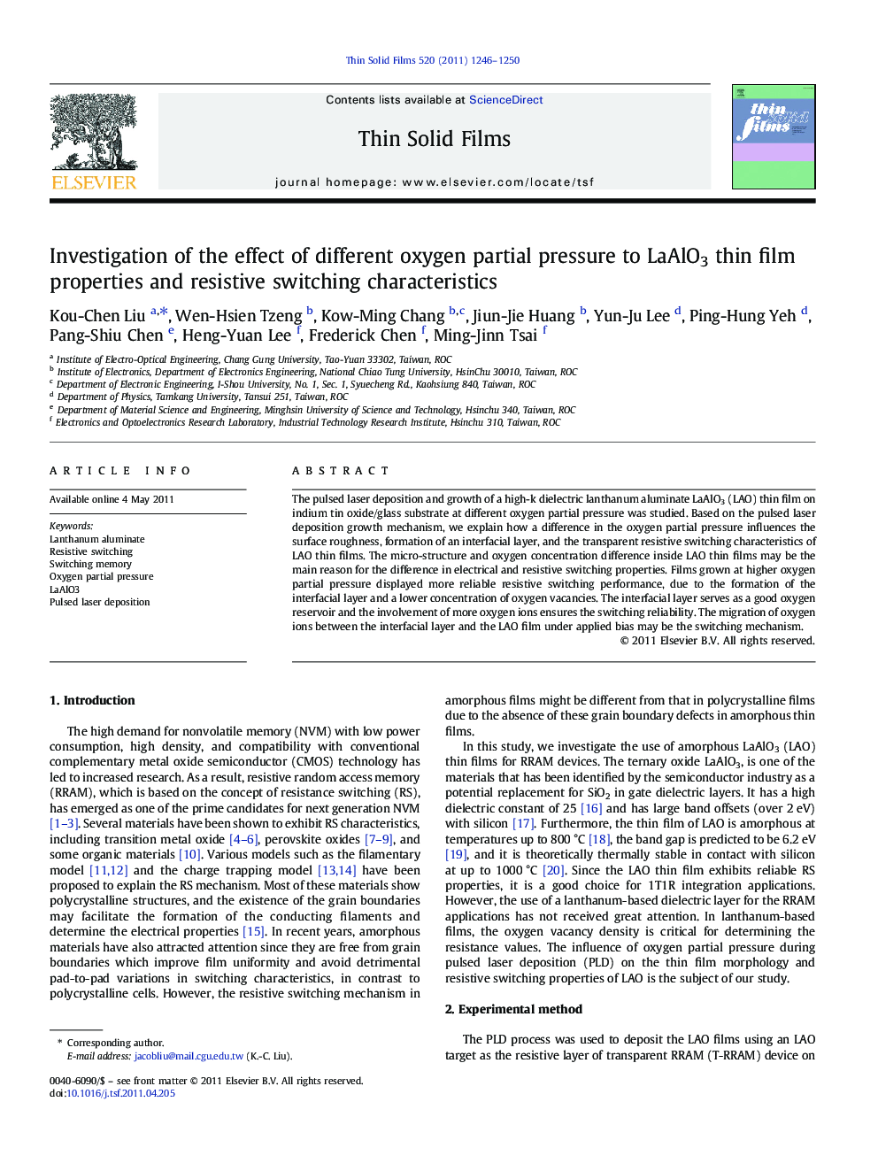 Investigation of the effect of different oxygen partial pressure to LaAlO3 thin film properties and resistive switching characteristics