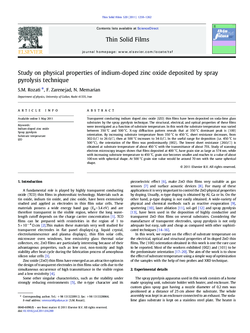 Study on physical properties of indium-doped zinc oxide deposited by spray pyrolysis technique