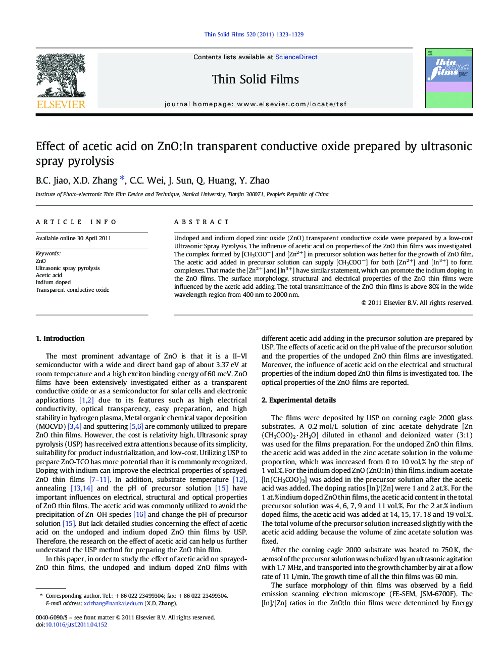 Effect of acetic acid on ZnO:In transparent conductive oxide prepared by ultrasonic spray pyrolysis