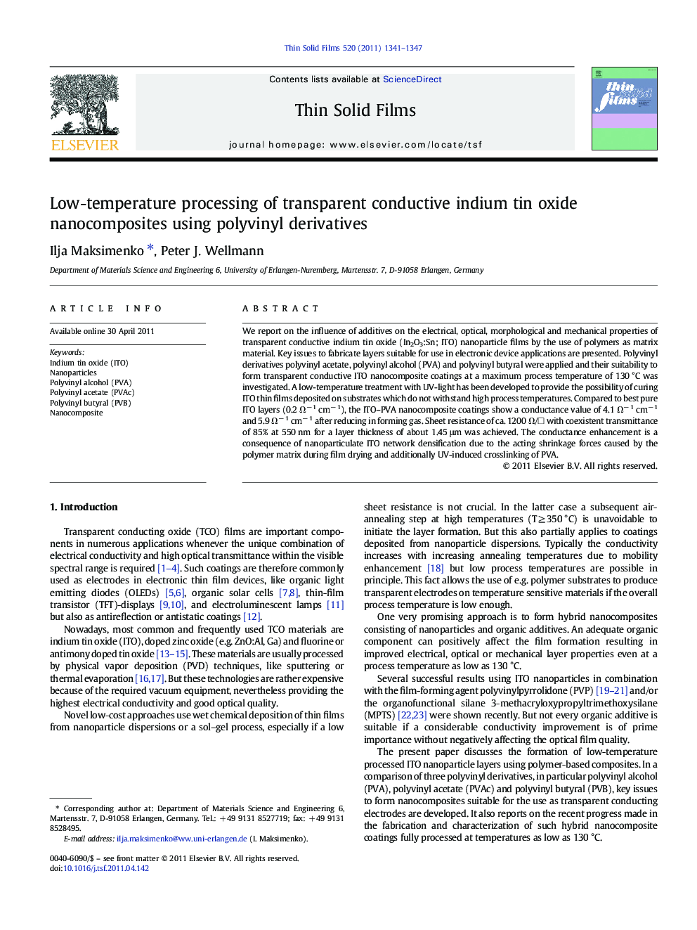 Low-temperature processing of transparent conductive indium tin oxide nanocomposites using polyvinyl derivatives