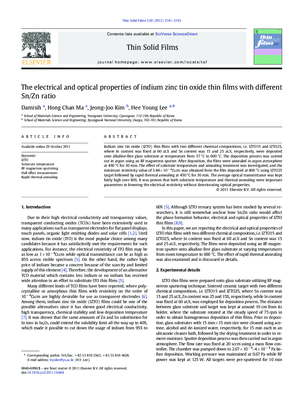 The electrical and optical properties of indium zinc tin oxide thin films with different Sn/Zn ratio