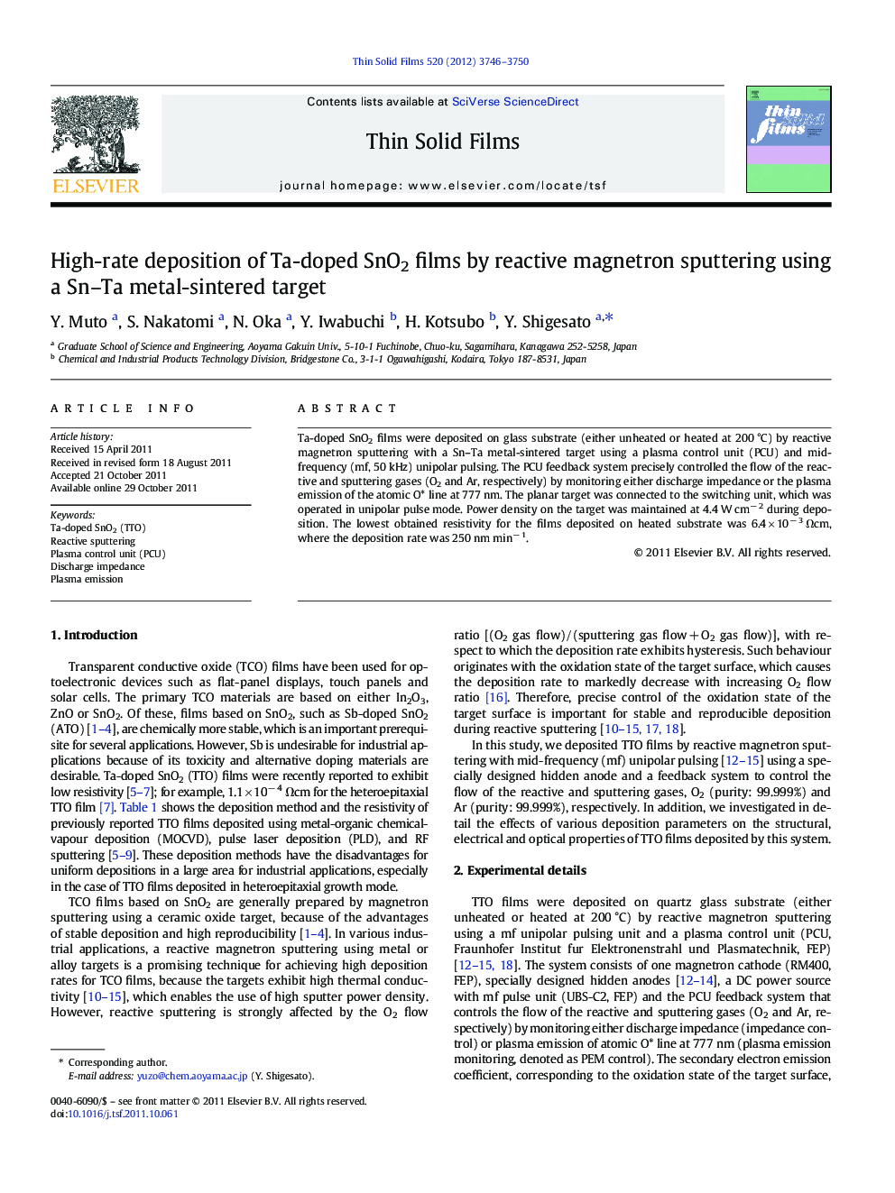 High-rate deposition of Ta-doped SnO2 films by reactive magnetron sputtering using a Sn–Ta metal-sintered target