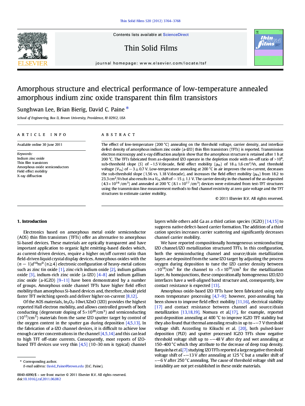 Amorphous structure and electrical performance of low-temperature annealed amorphous indium zinc oxide transparent thin film transistors