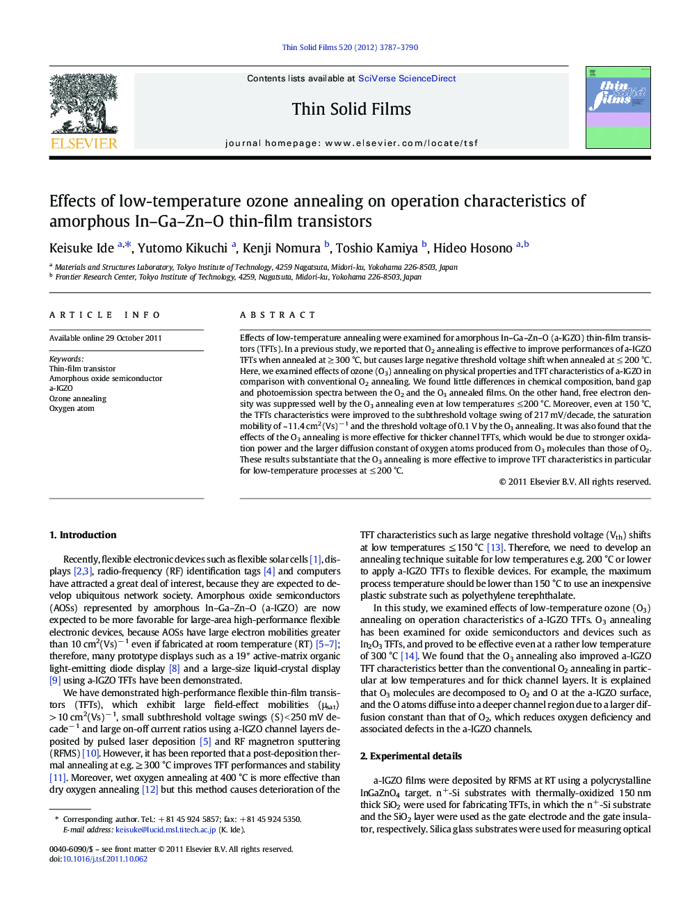 Effects of low-temperature ozone annealing on operation characteristics of amorphous In–Ga–Zn–O thin-film transistors