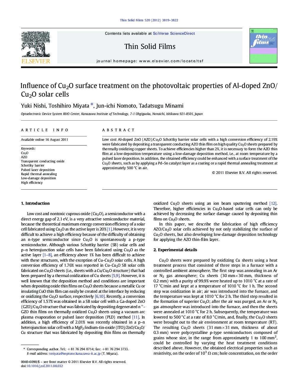 Influence of Cu2O surface treatment on the photovoltaic properties of Al-doped ZnO/Cu2O solar cells