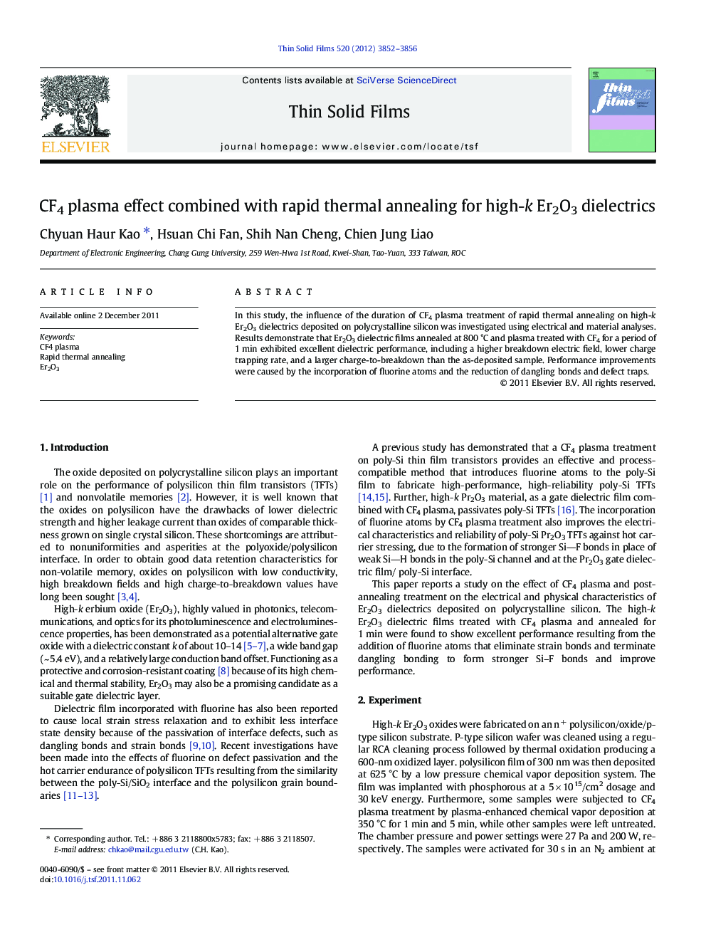 CF4 plasma effect combined with rapid thermal annealing for high-k Er2O3 dielectrics