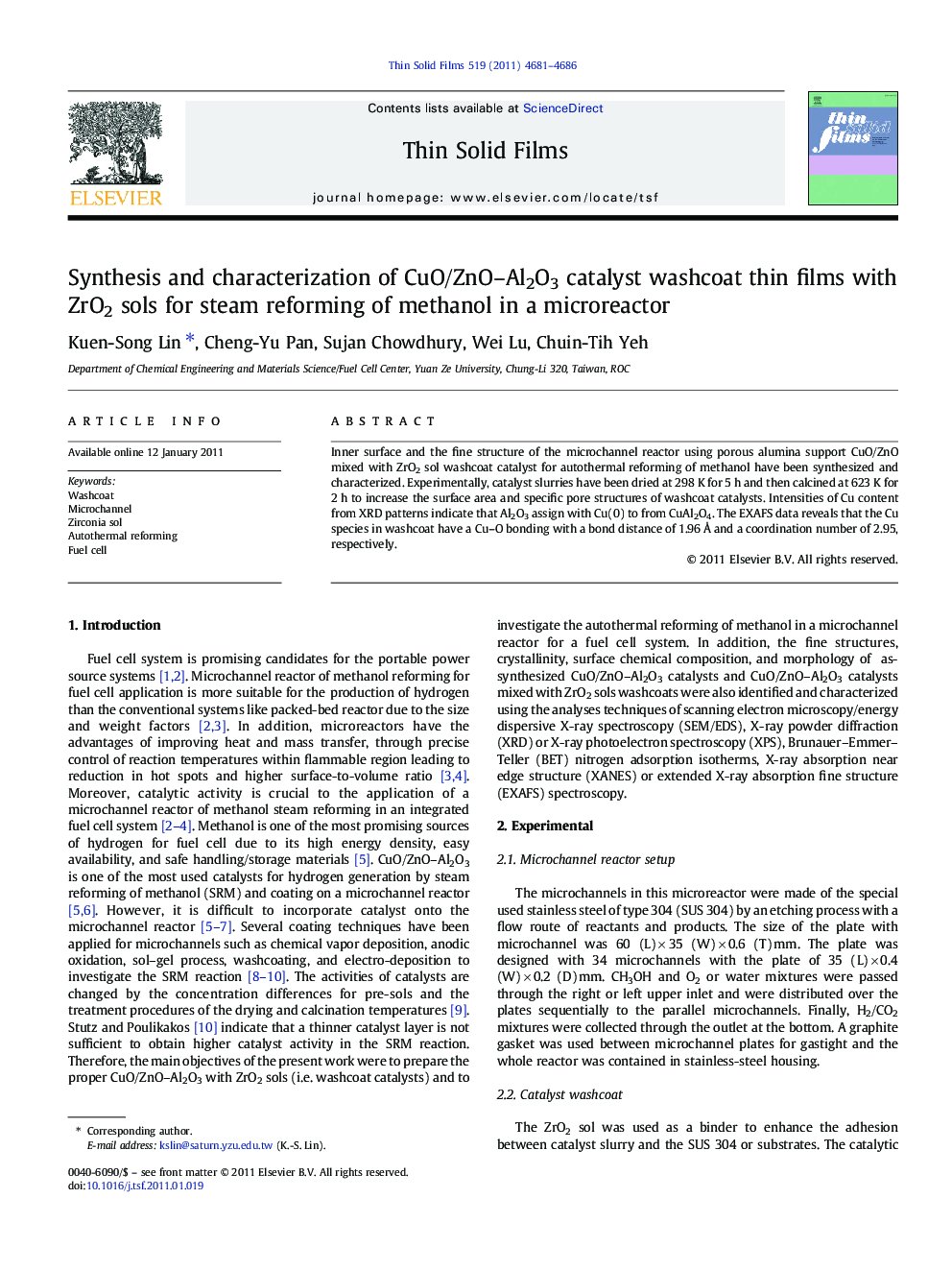 Synthesis and characterization of CuO/ZnO–Al2O3 catalyst washcoat thin films with ZrO2 sols for steam reforming of methanol in a microreactor