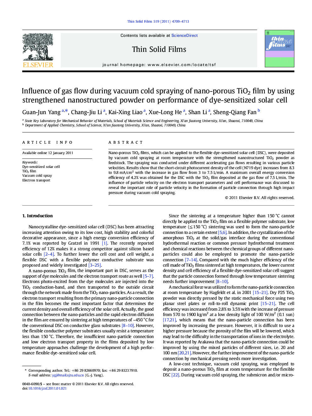 Influence of gas flow during vacuum cold spraying of nano-porous TiO2 film by using strengthened nanostructured powder on performance of dye-sensitized solar cell