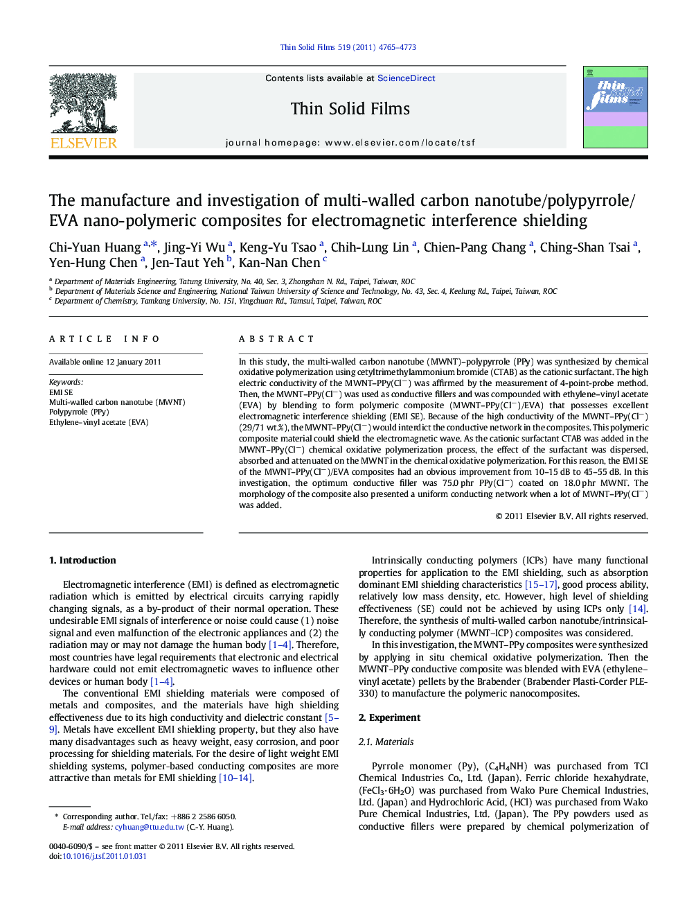 The manufacture and investigation of multi-walled carbon nanotube/polypyrrole/EVA nano-polymeric composites for electromagnetic interference shielding