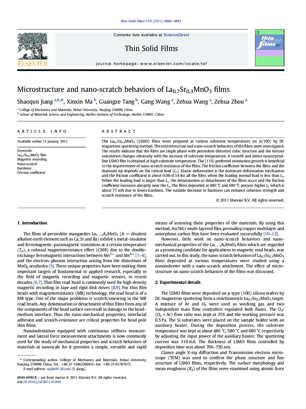 Microstructure and nano-scratch behaviors of La0.7Sr0.3MnO3 films