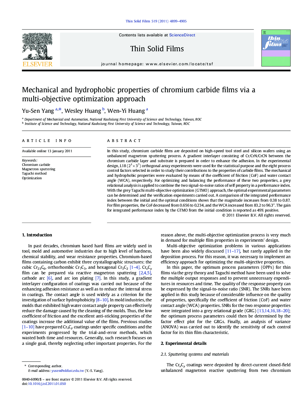 Mechanical and hydrophobic properties of chromium carbide films via a multi-objective optimization approach