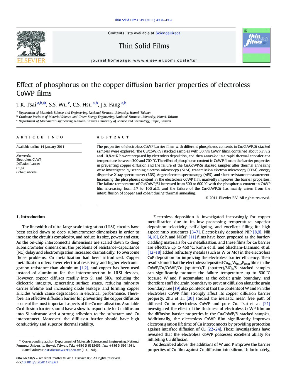 Effect of phosphorus on the copper diffusion barrier properties of electroless CoWP films