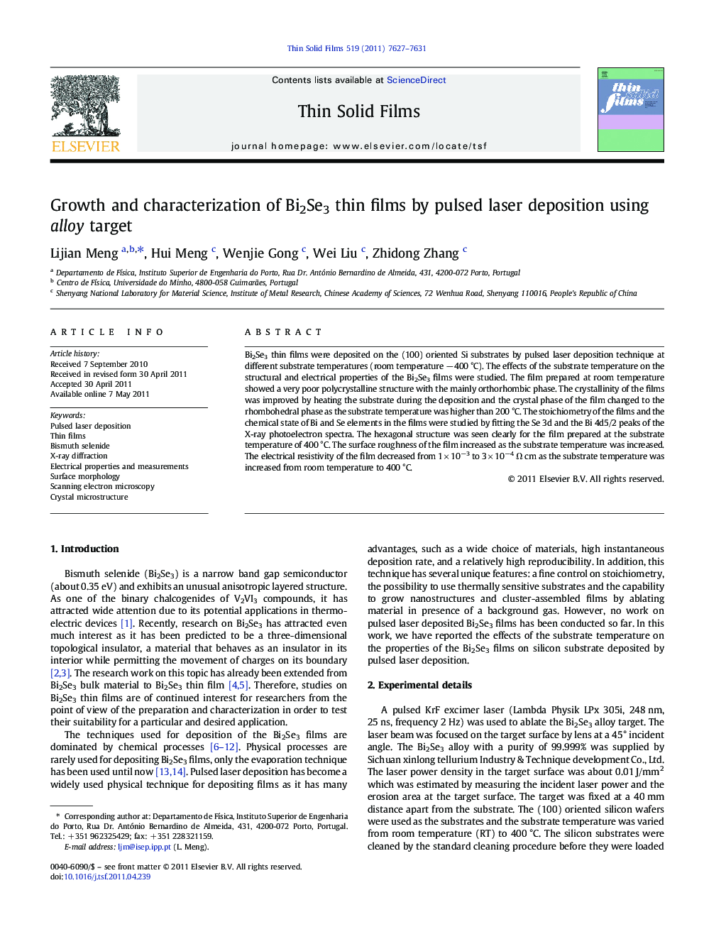 Growth and characterization of Bi2Se3 thin films by pulsed laser deposition using alloy target