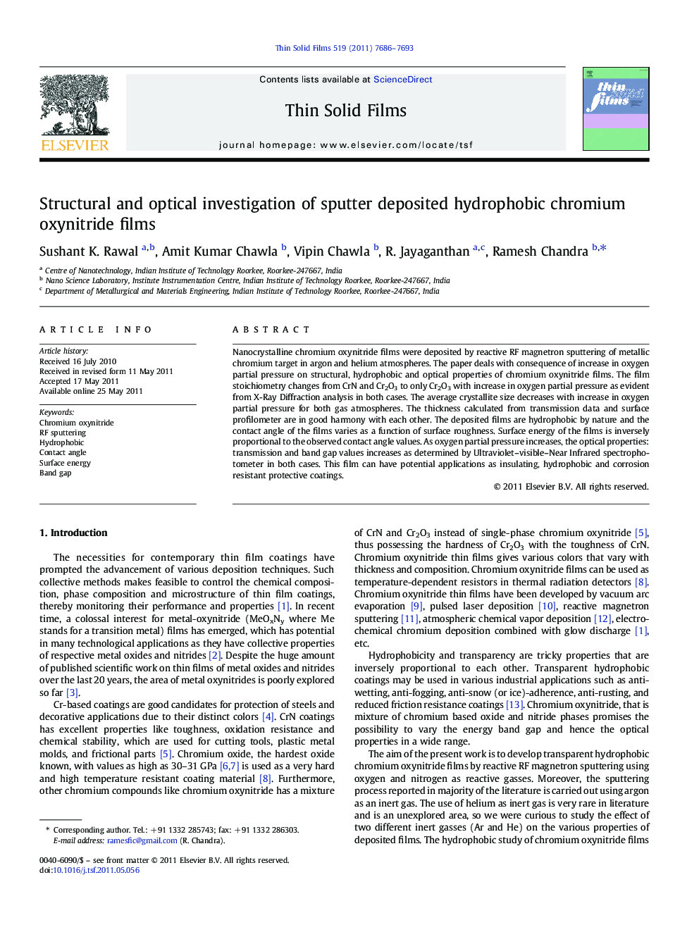 Structural and optical investigation of sputter deposited hydrophobic chromium oxynitride films