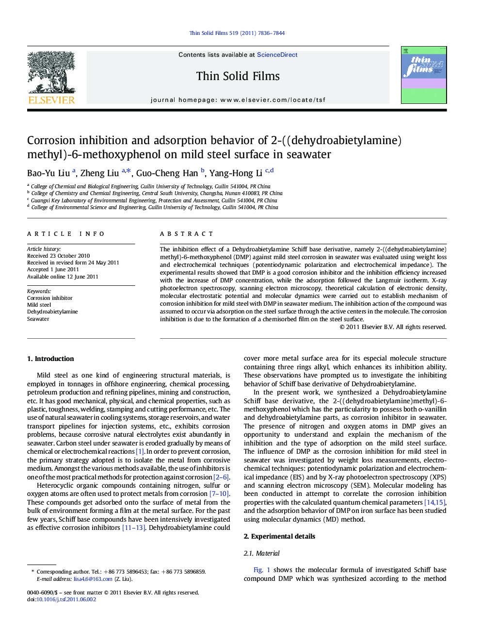 Corrosion inhibition and adsorption behavior of 2-((dehydroabietylamine)methyl)-6-methoxyphenol on mild steel surface in seawater