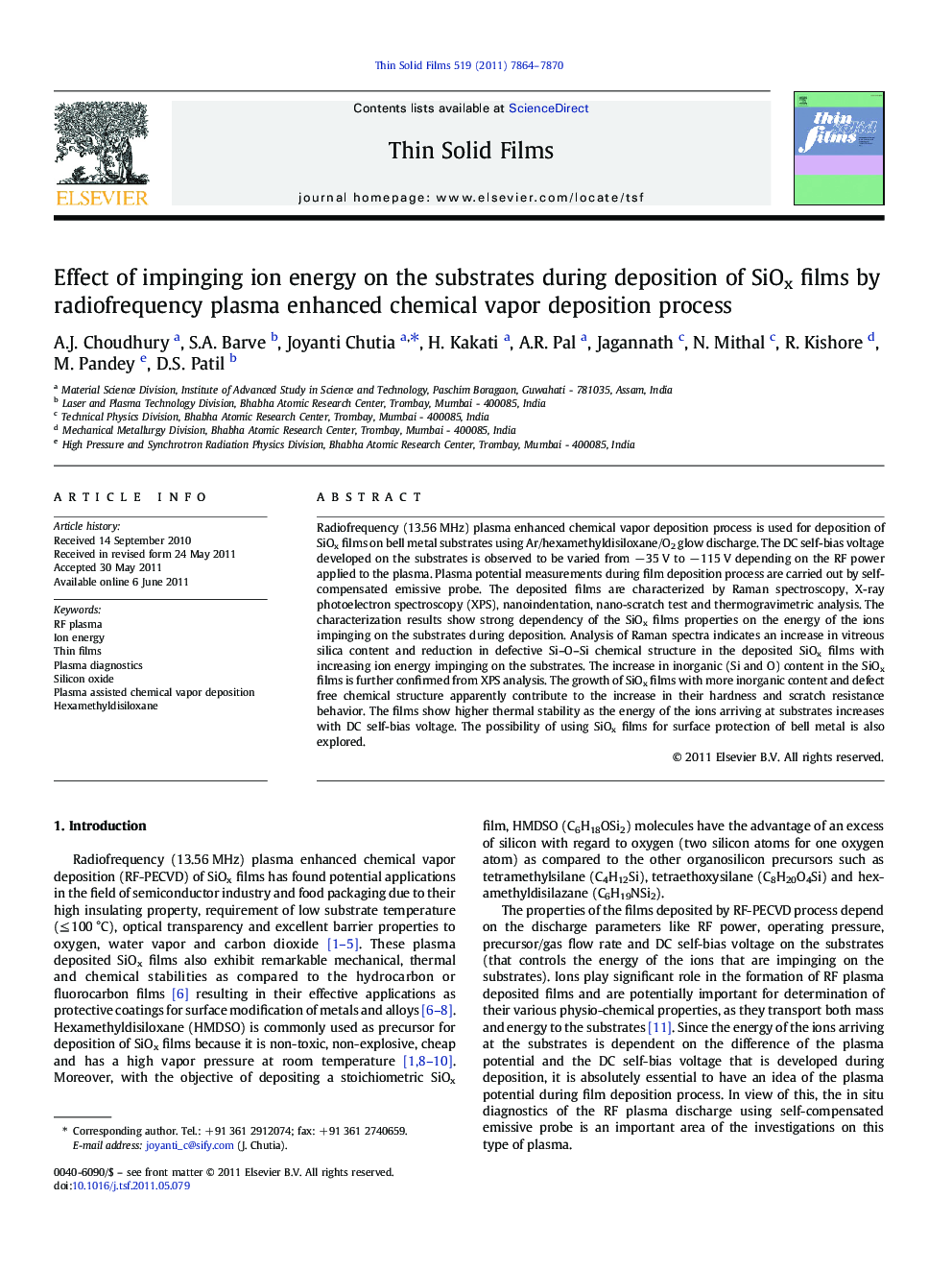 Effect of impinging ion energy on the substrates during deposition of SiOx films by radiofrequency plasma enhanced chemical vapor deposition process