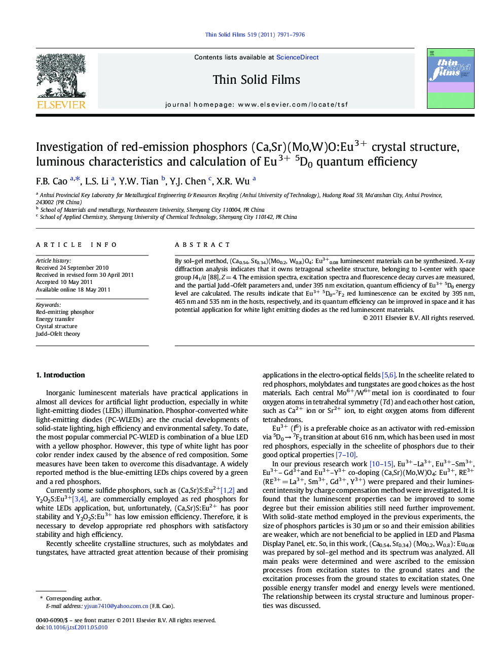 Investigation of red-emission phosphors (Ca,Sr)(Mo,W)O:Eu3+ crystal structure, luminous characteristics and calculation of Eu3+ 5D0 quantum efficiency