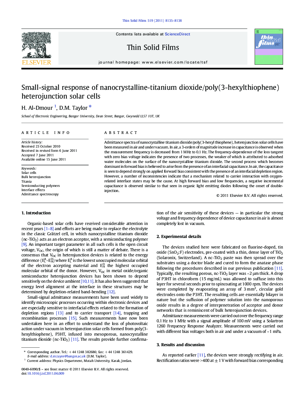 Small-signal response of nanocrystalline-titanium dioxide/poly(3-hexylthiophene) heterojunction solar cells