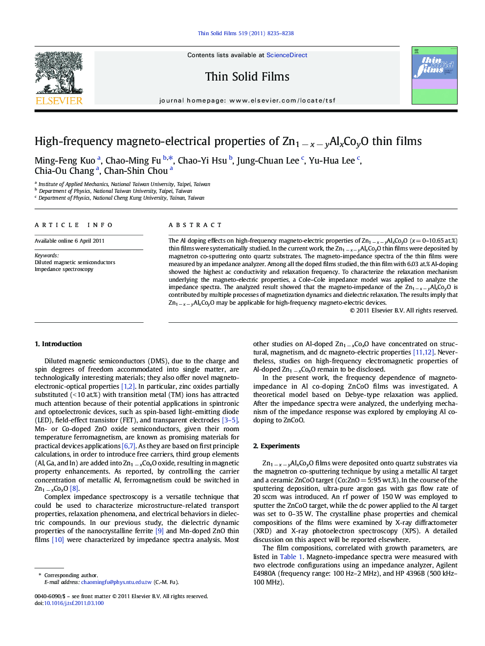 High-frequency magneto-electrical properties of Zn1 − x − yAlxCoyO thin films