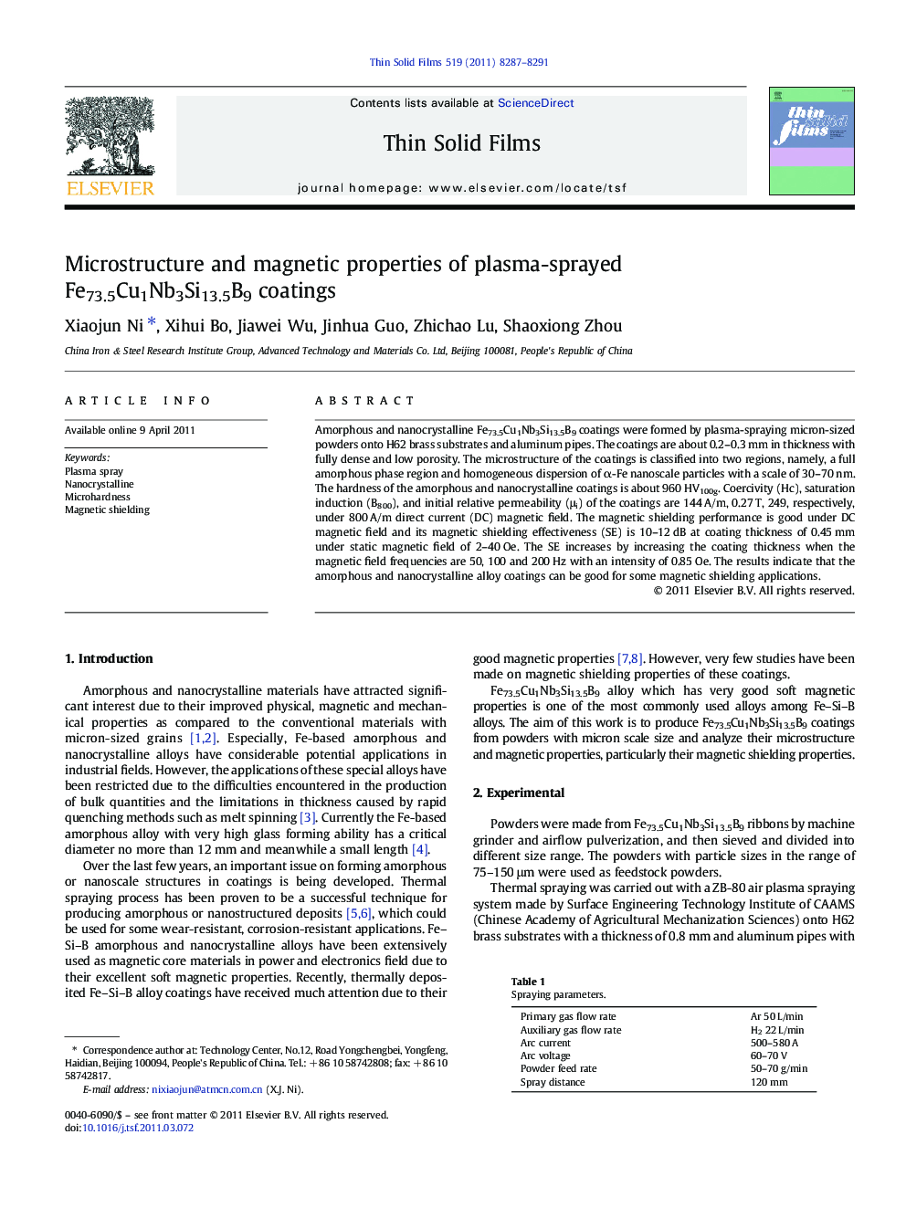 Microstructure and magnetic properties of plasma-sprayed Fe73.5Cu1Nb3Si13.5B9 coatings