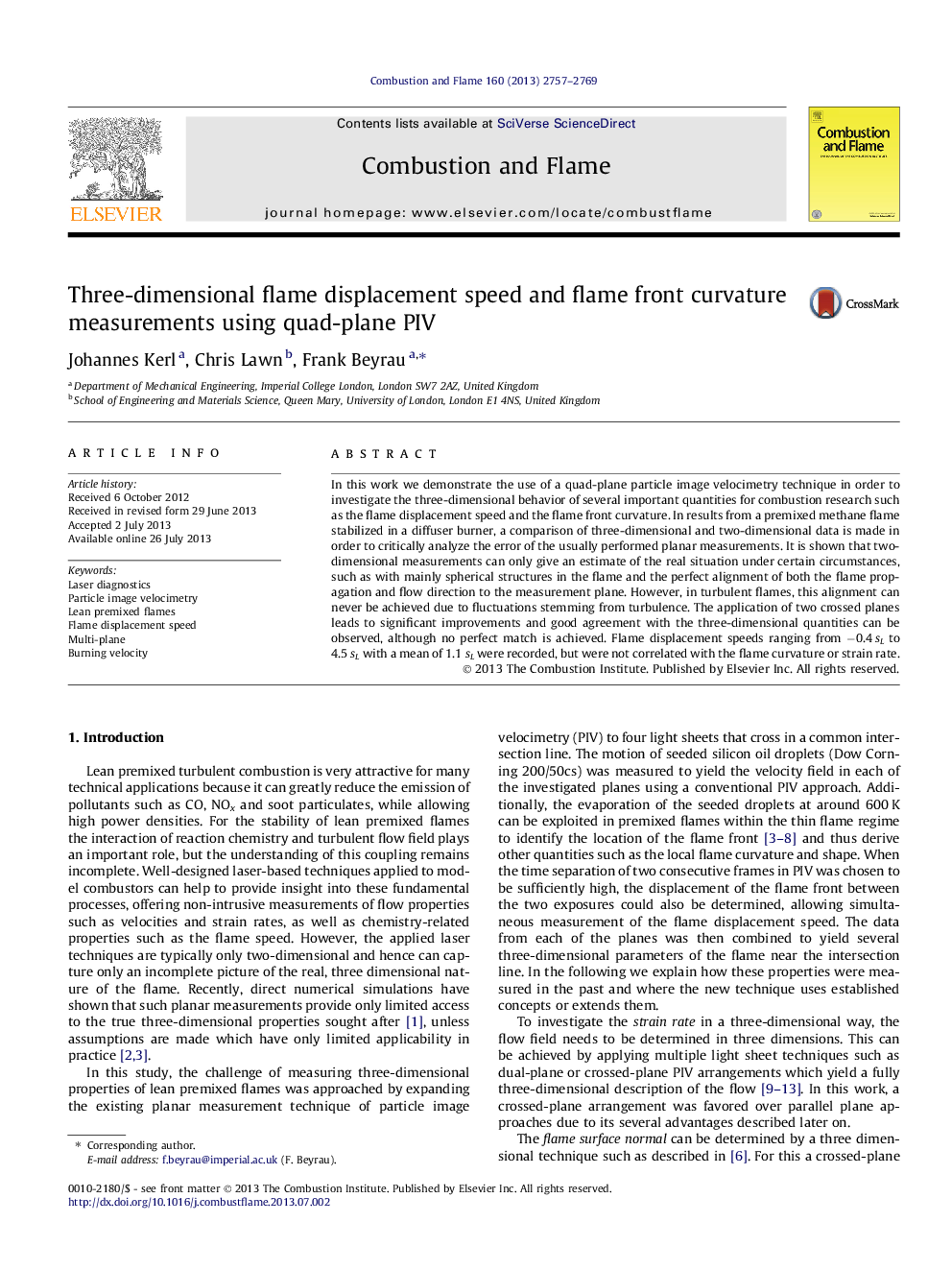 Three-dimensional flame displacement speed and flame front curvature measurements using quad-plane PIV