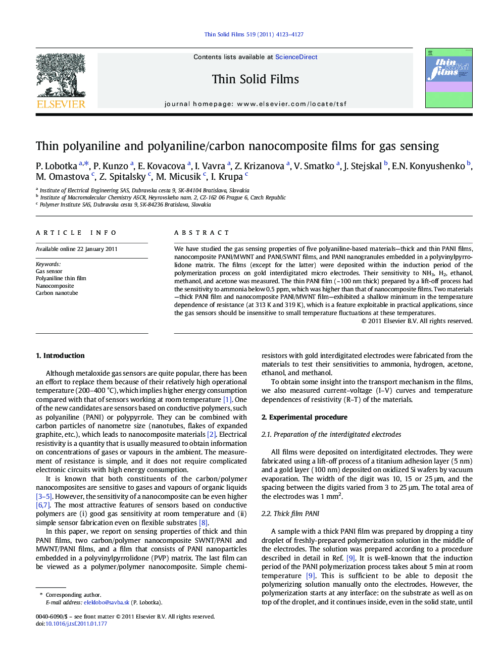 Thin polyaniline and polyaniline/carbon nanocomposite films for gas sensing