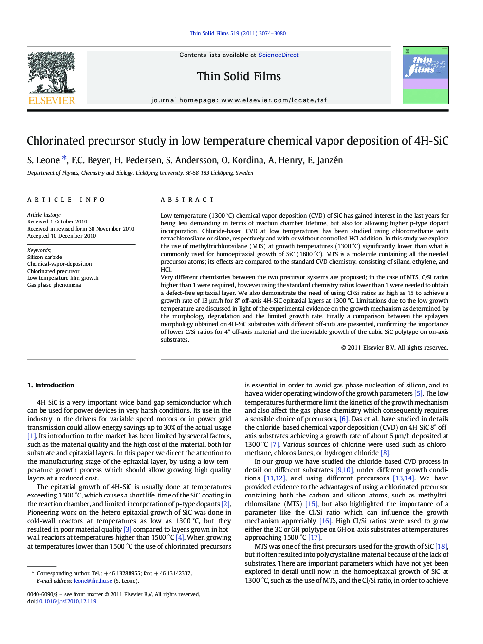 عکس صفحه اول مقاله: Chlorinated precursor study in low temperature chemical vapor deposition of 4H-SiC Chlorinated precursor study in low temperature chemical vapor deposition of 4H-SiC