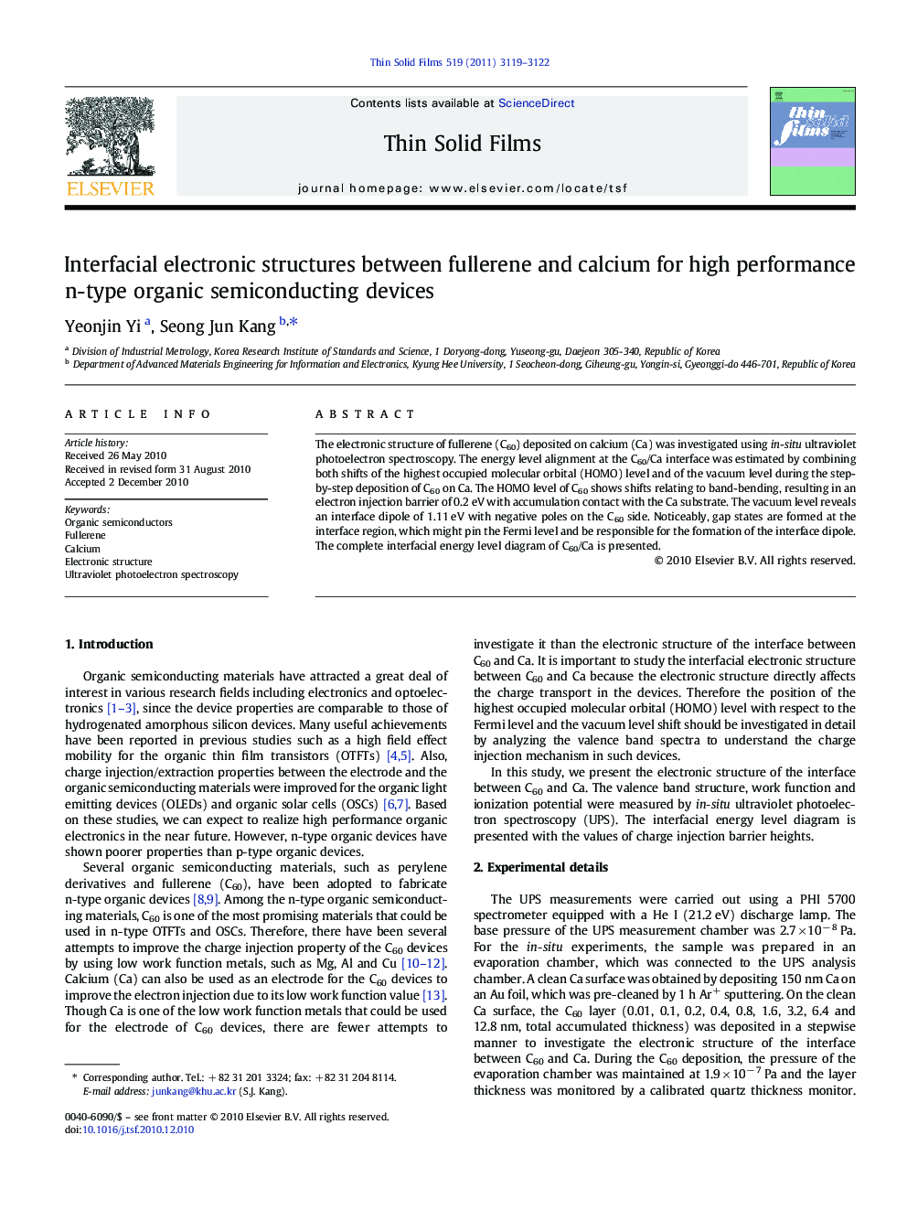 Interfacial electronic structures between fullerene and calcium for high performance n-type organic semiconducting devices