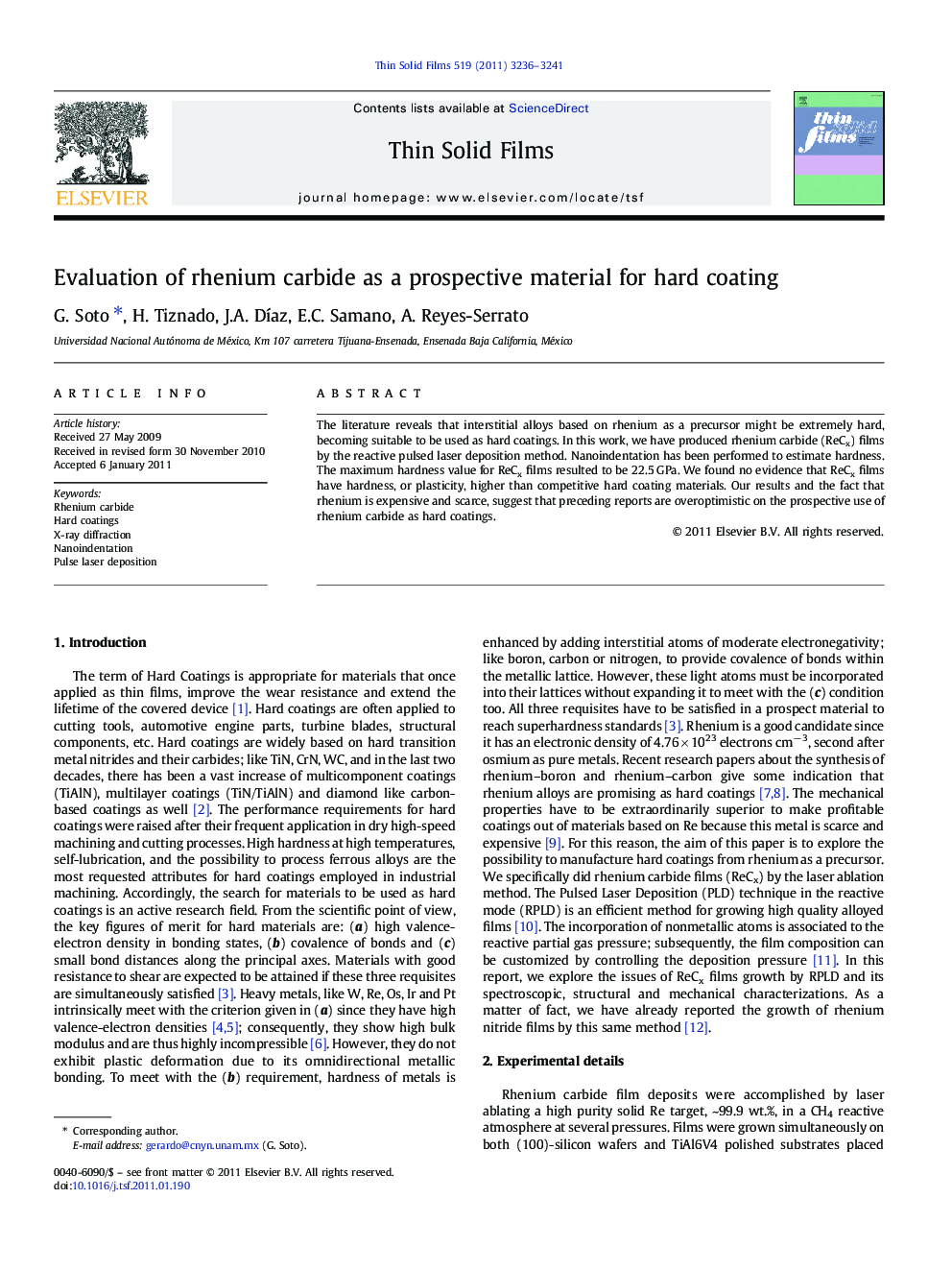 Evaluation of rhenium carbide as a prospective material for hard coating