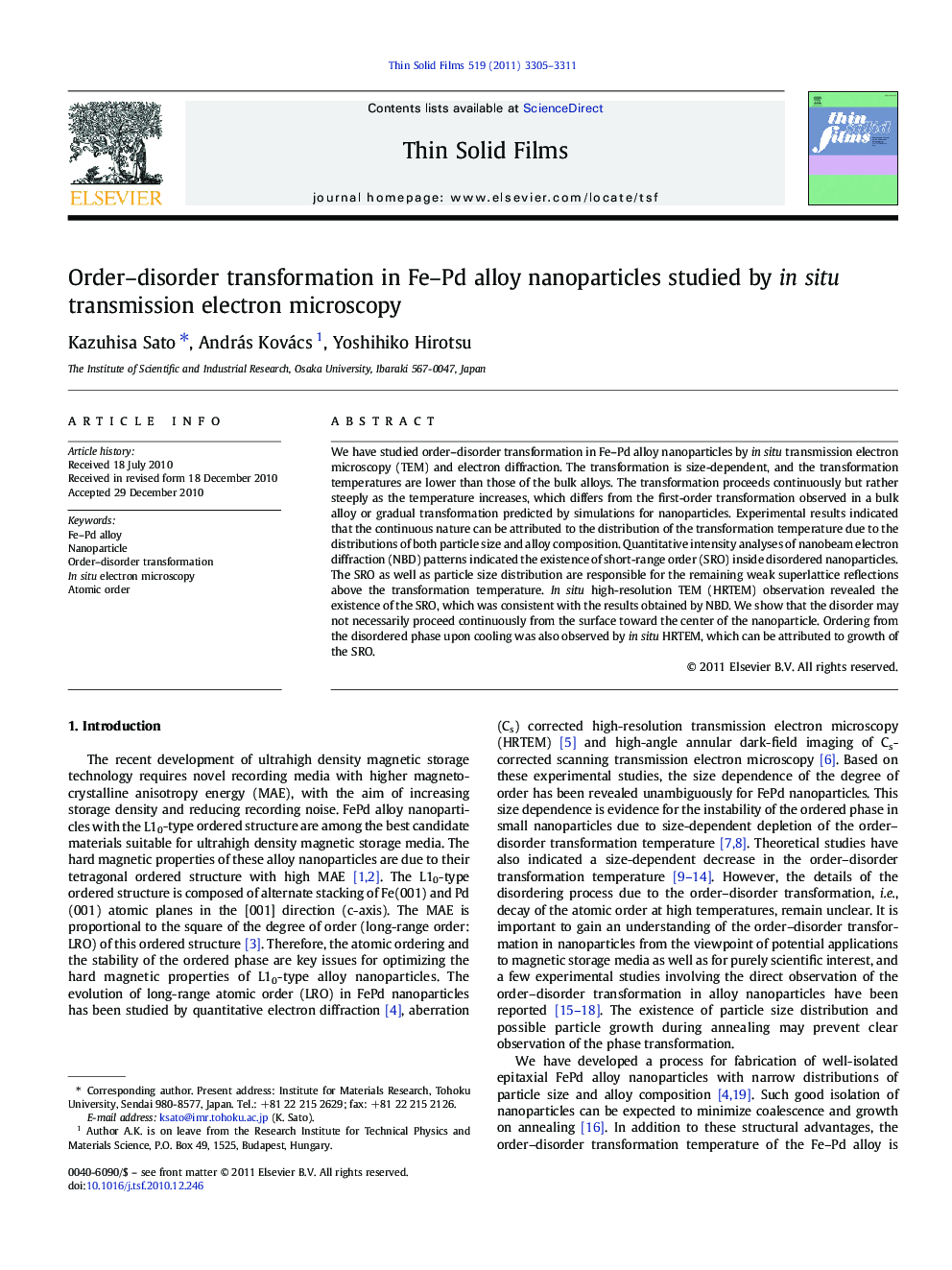 Order-disorder transformation in Fe-Pd alloy nanoparticles studied by in situ transmission electron microscopy