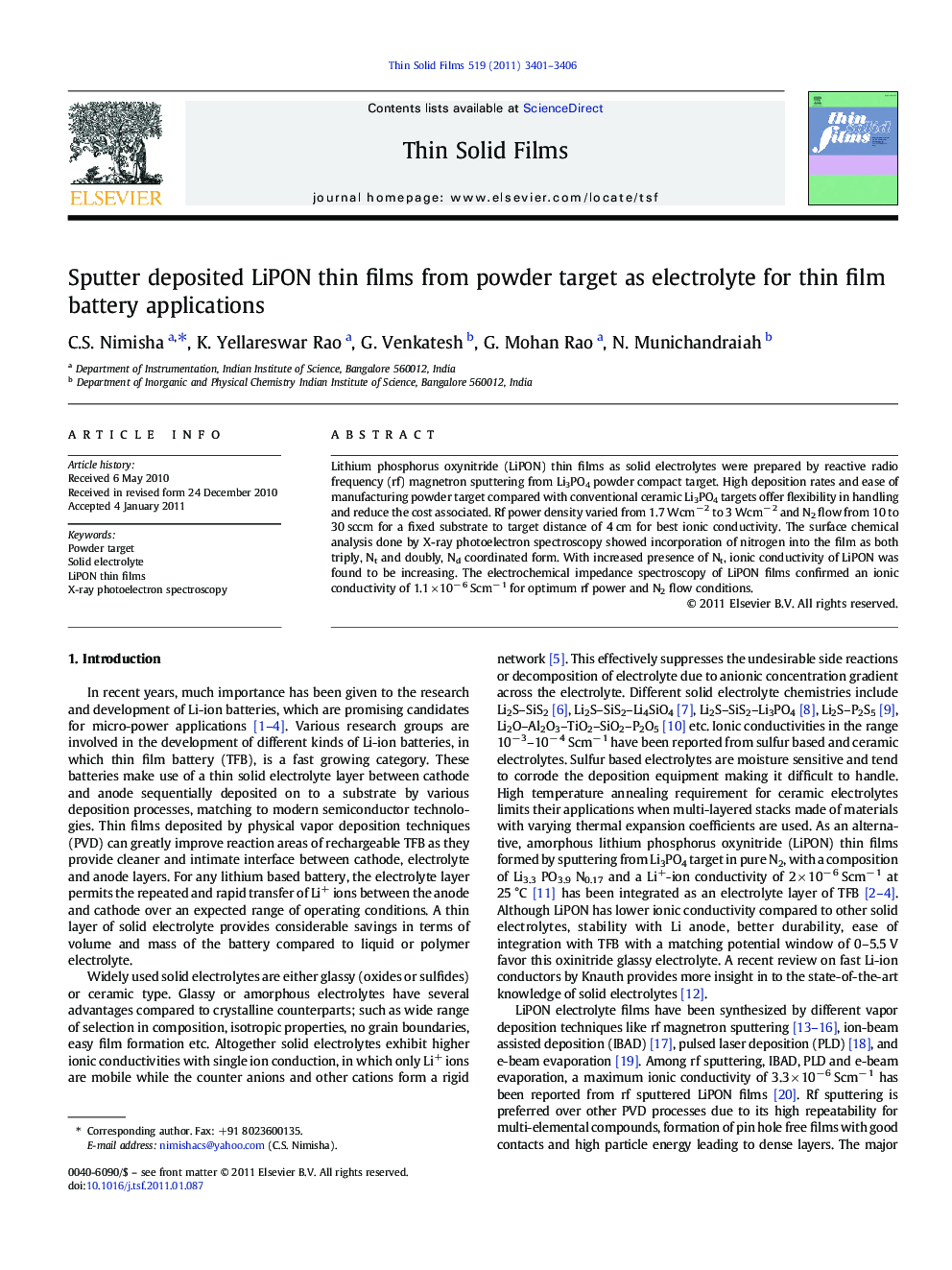 Sputter deposited LiPON thin films from powder target as electrolyte for thin film battery applications