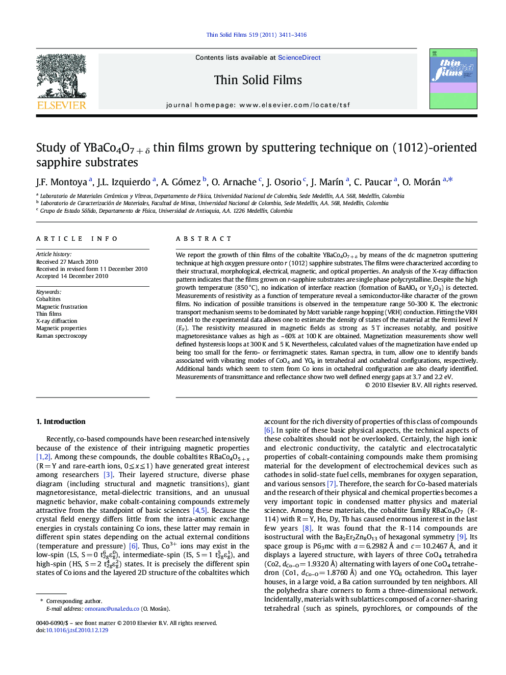 Study of YBaCo4O7 + δ thin films grown by sputtering technique on (1012)-oriented sapphire substrates