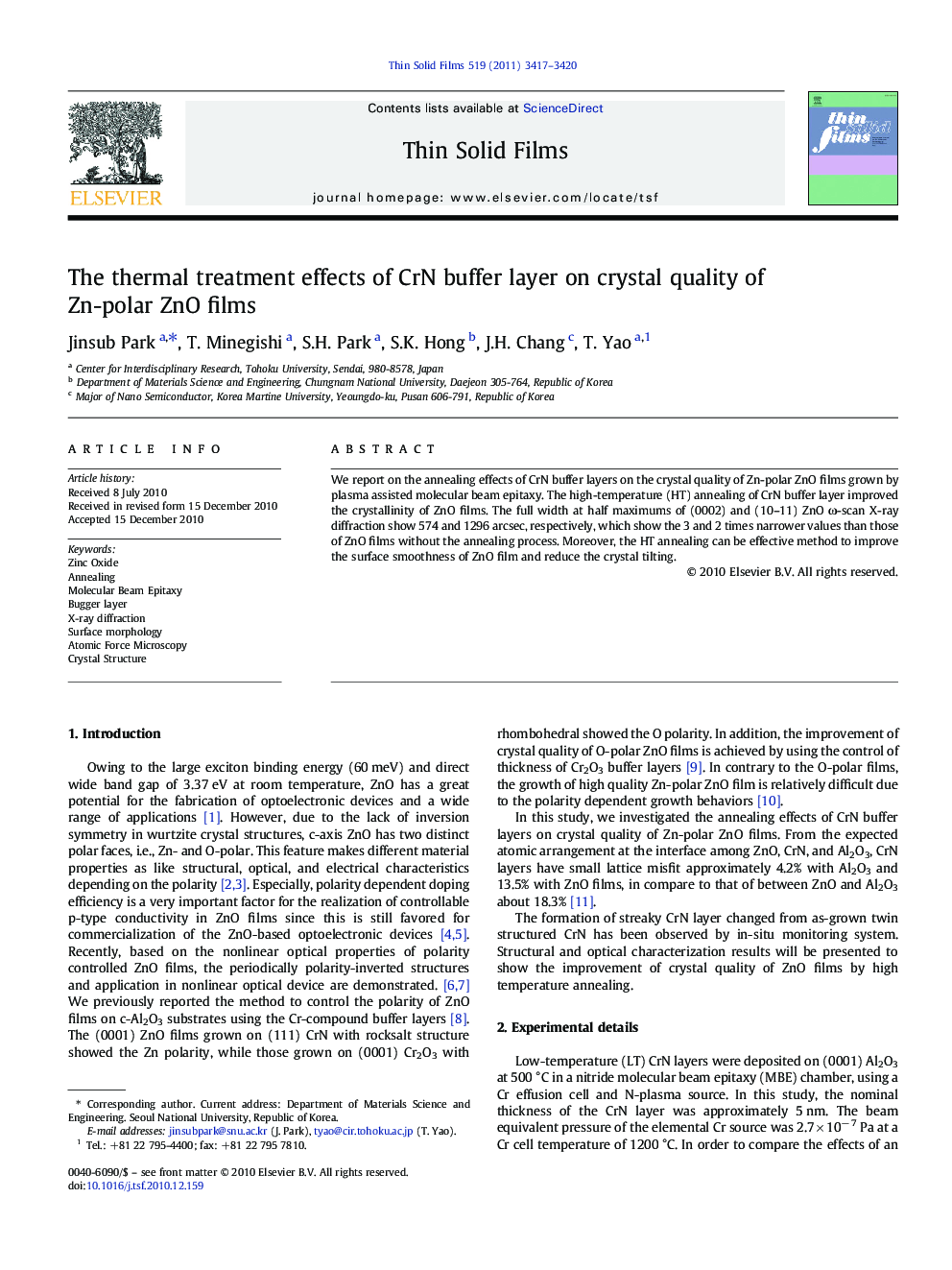 The thermal treatment effects of CrN buffer layer on crystal quality of Zn-polar ZnO films