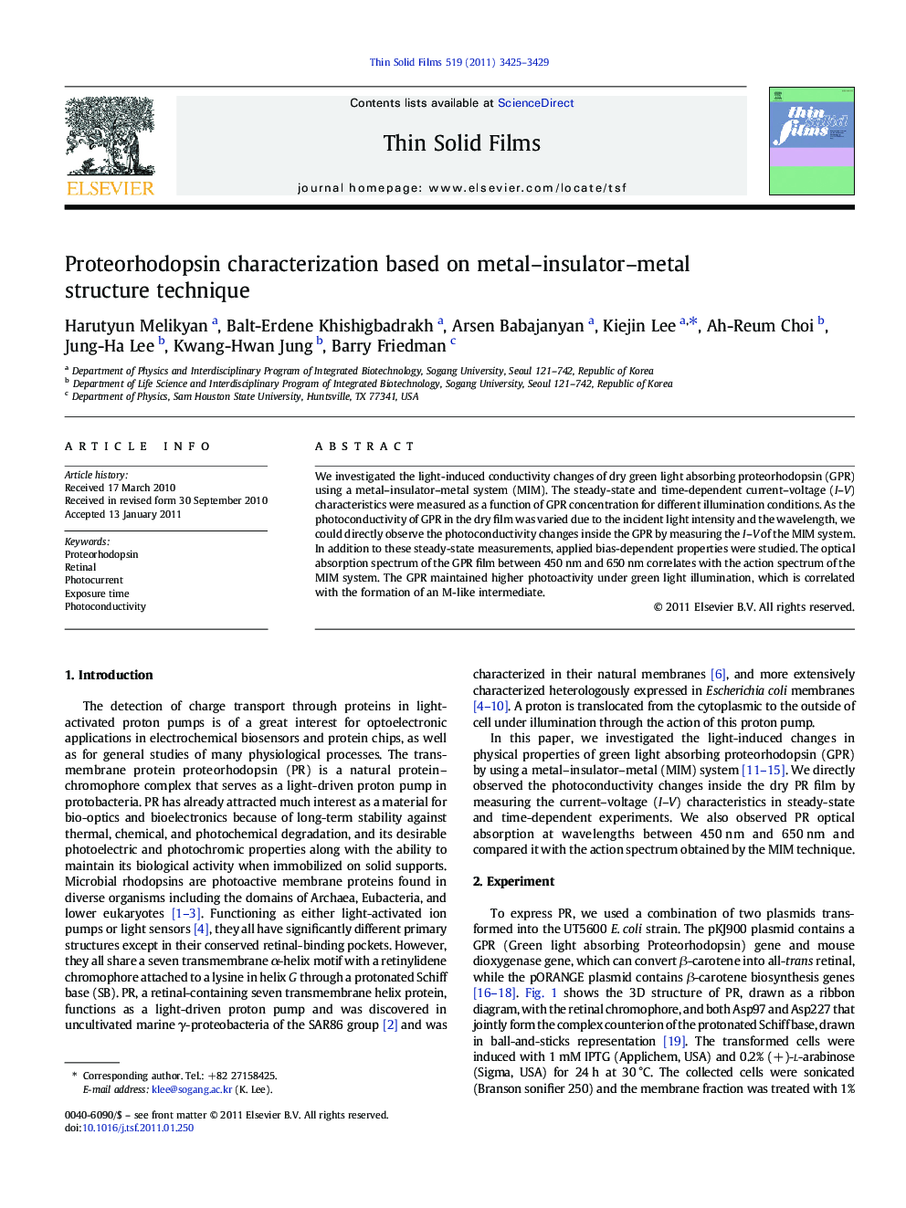 Proteorhodopsin characterization based on metal–insulator–metal structure technique