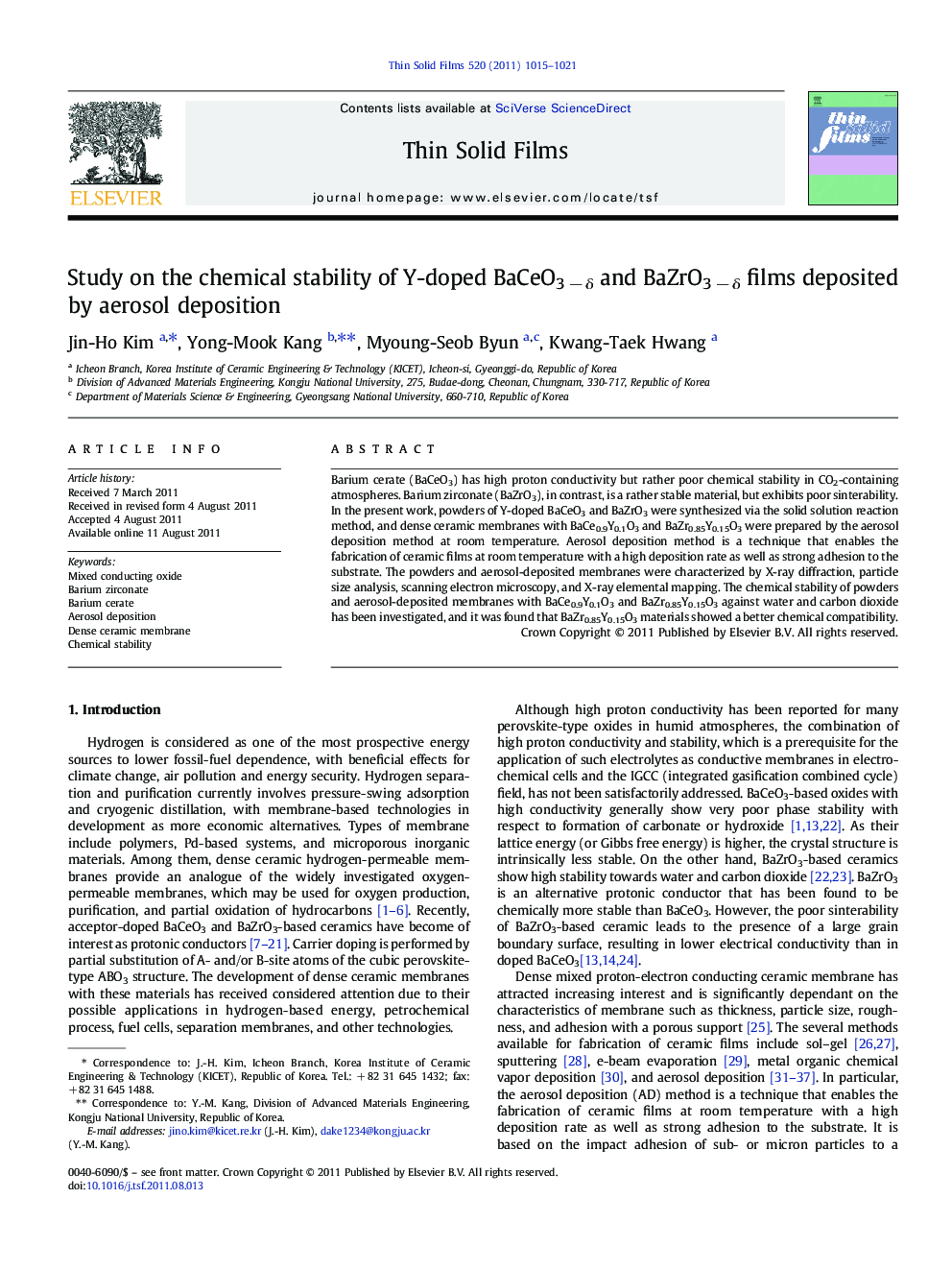 Study on the chemical stability of Y-doped BaCeO3 − δ and BaZrO3 − δ films deposited by aerosol deposition