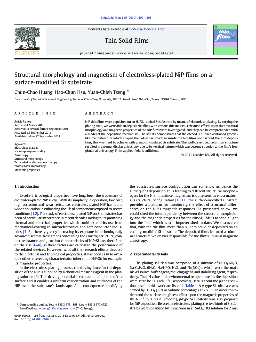 Structural morphology and magnetism of electroless-plated NiP films on a surface-modified Si substrate