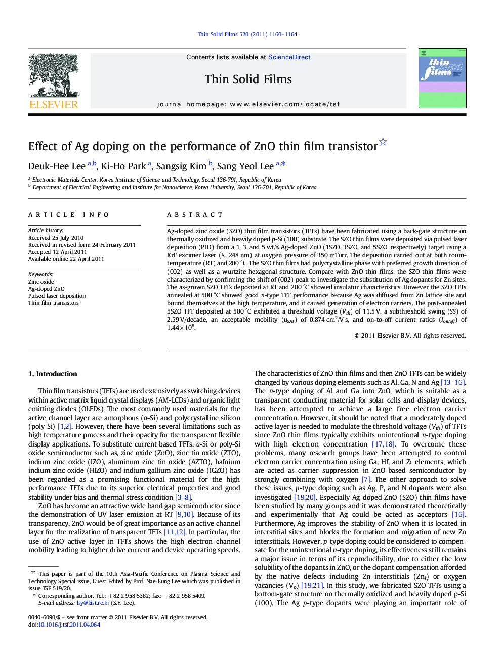 Effect of Ag doping on the performance of ZnO thin film transistor 